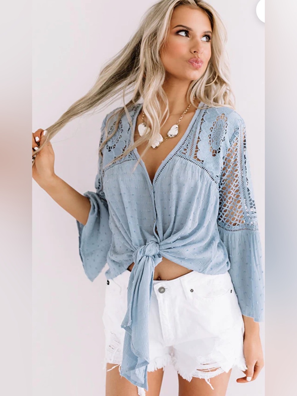 LOVESTITCH Uptown Dreams Crochet Top Blouse Button Tie-Front Periwinkle Blue M